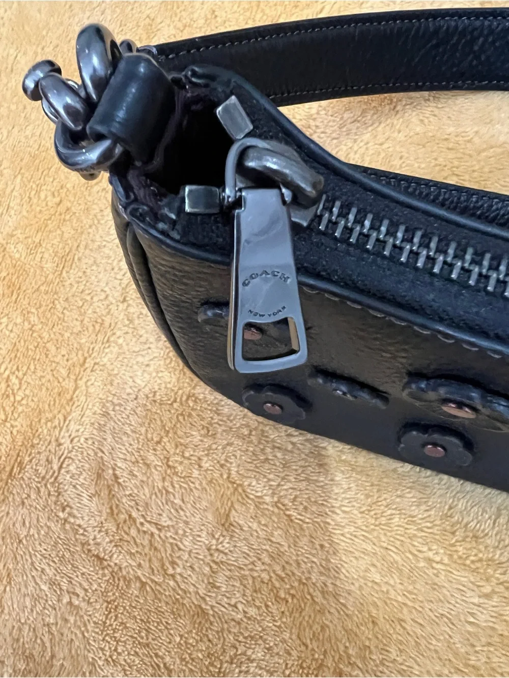 Coach Black Pebbled Leather Mini Shoulder Bag with Floral Appliqués